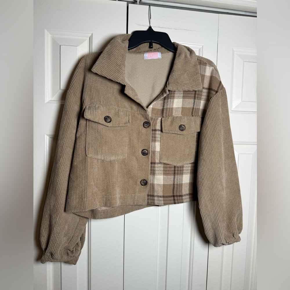 C+D+M Khaki Plaid Patchworkโ Corduroy Cropped Jacket